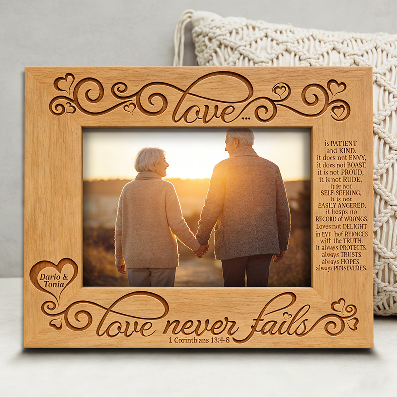 Personalized Love Never Fails Picture Frame with Custom Names Christian Corinthians 13:4-8 Picture Frame Wedding Gift Valentines Day Gift for Couple