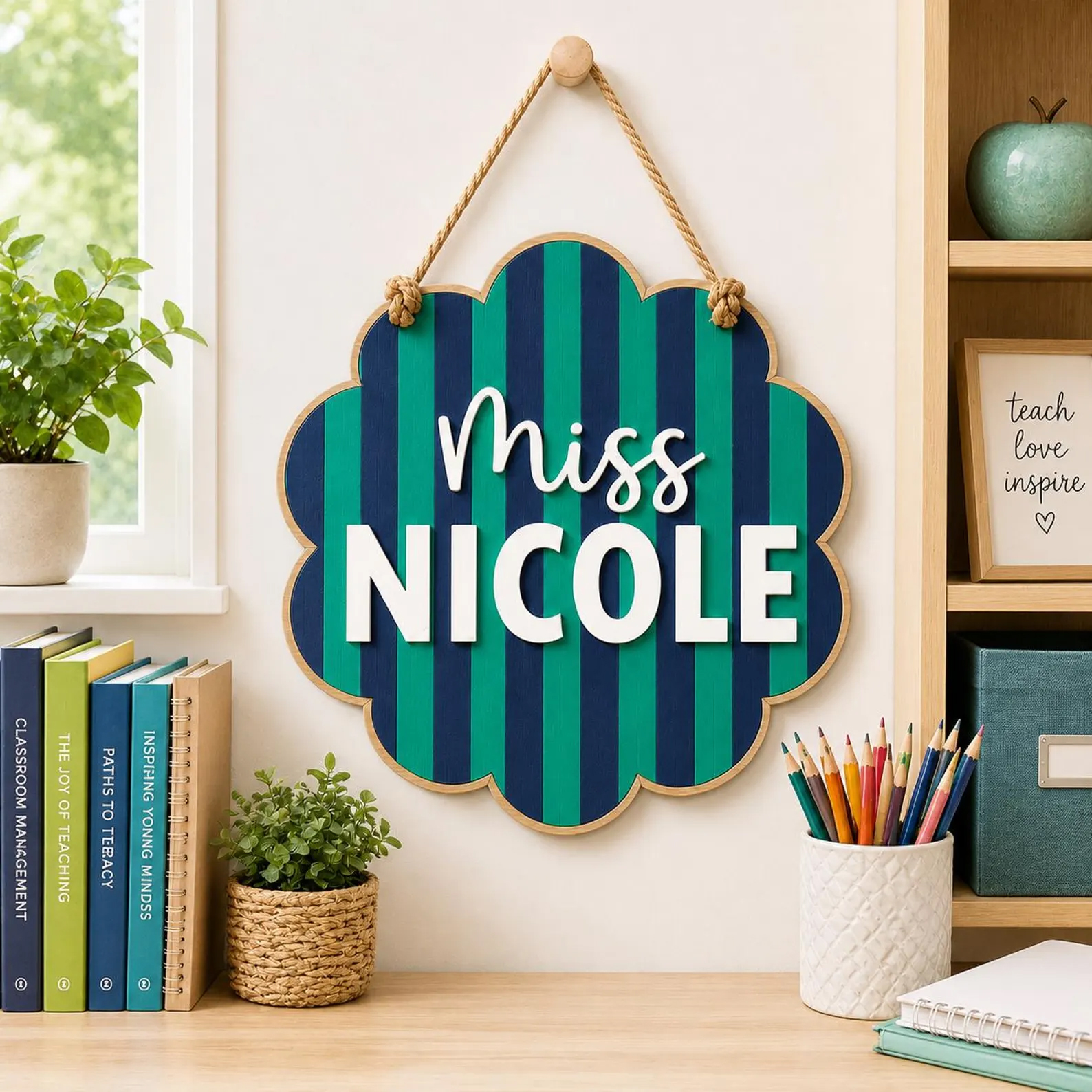 Personalized Teacher Door Sign Scalloped Striped Wooden Name Plaque Custom Classroom Decor Back to School Teacher Gift