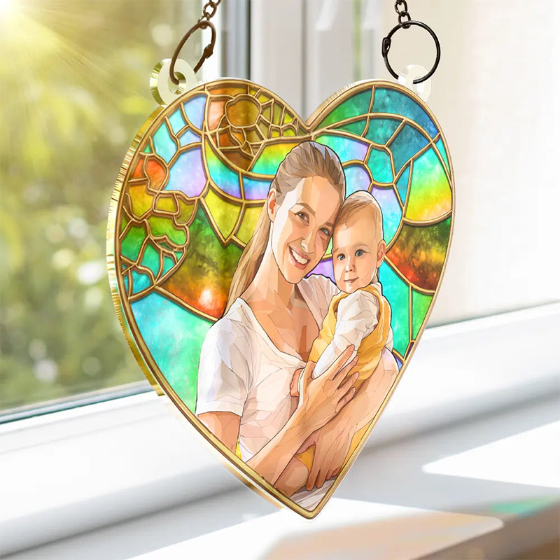 Personalized Photo Stained Glass Portrait Mom Grandma Parents Family Custom Window Hanging Suncatcher Ornament Thanks Giving Day Gift