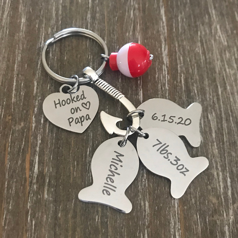 Personalized Fishing Keychain with Kids Names for Dad Grandpa Custom Engraved Fish Hook Fishing Lover Gifts for Him