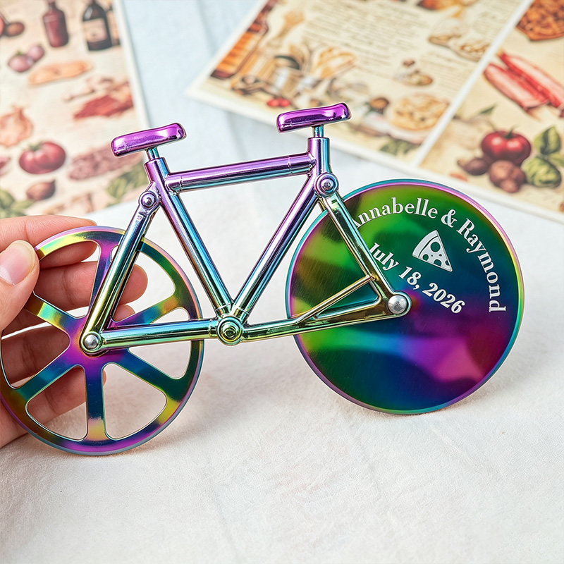 Personalized Bicycle Pizza Cutter Custom Engraved Dual Wheel Rose Gold Holographic Wedding Groomsmen Gift for Him Chef Couple Anniversary Gift