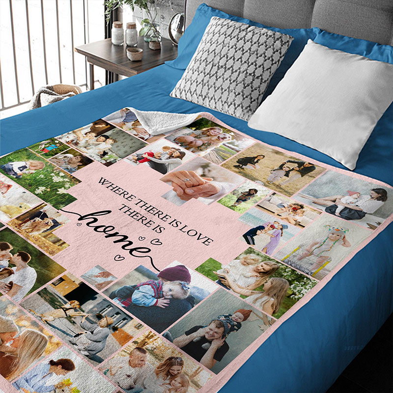 Personalized Photo Collage Flannel Blanket Custom Family Keepsake Beige Heart More than 20 Pictures