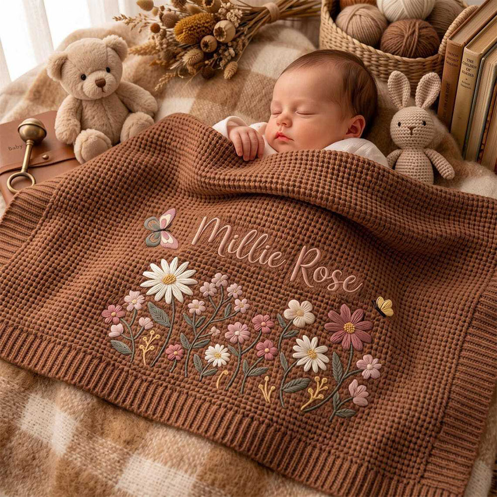 Personalized Floral Embroidered Baby Blanket Custom Name Knitted Throw Welcome Baby Blanket Nursery Keepsake