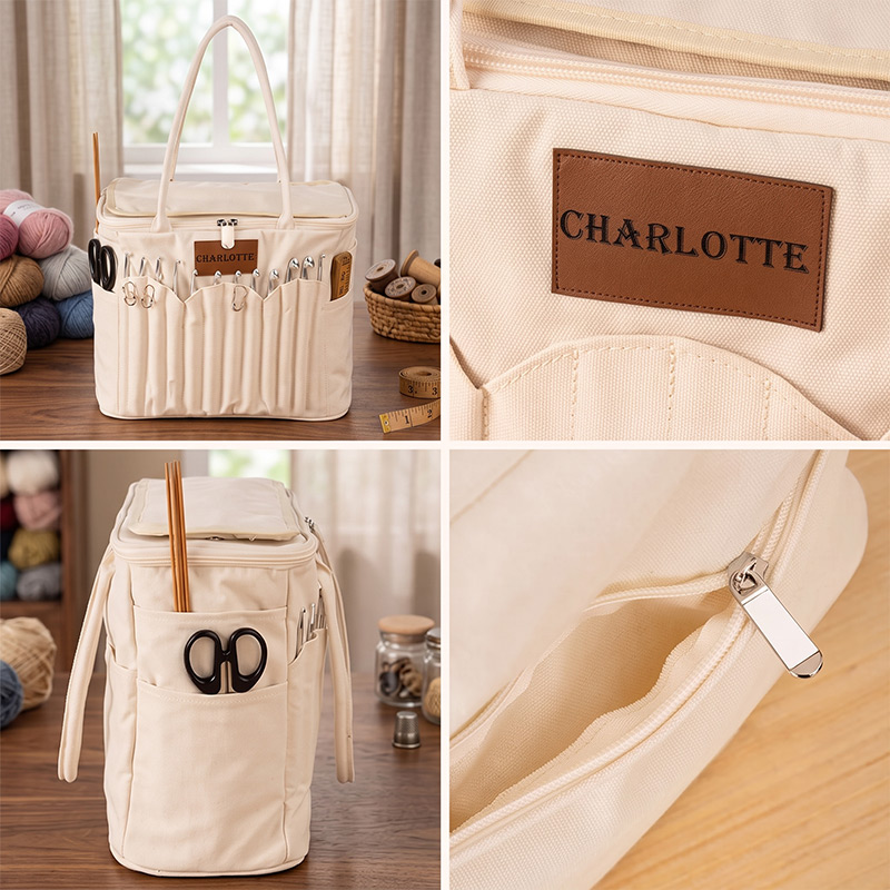Personalized Monogram Large Canvas Yarn Storage Bag with Needle Pockets and Handle Crochet Knitting Accessories Birthday Gift for Craft Lovers