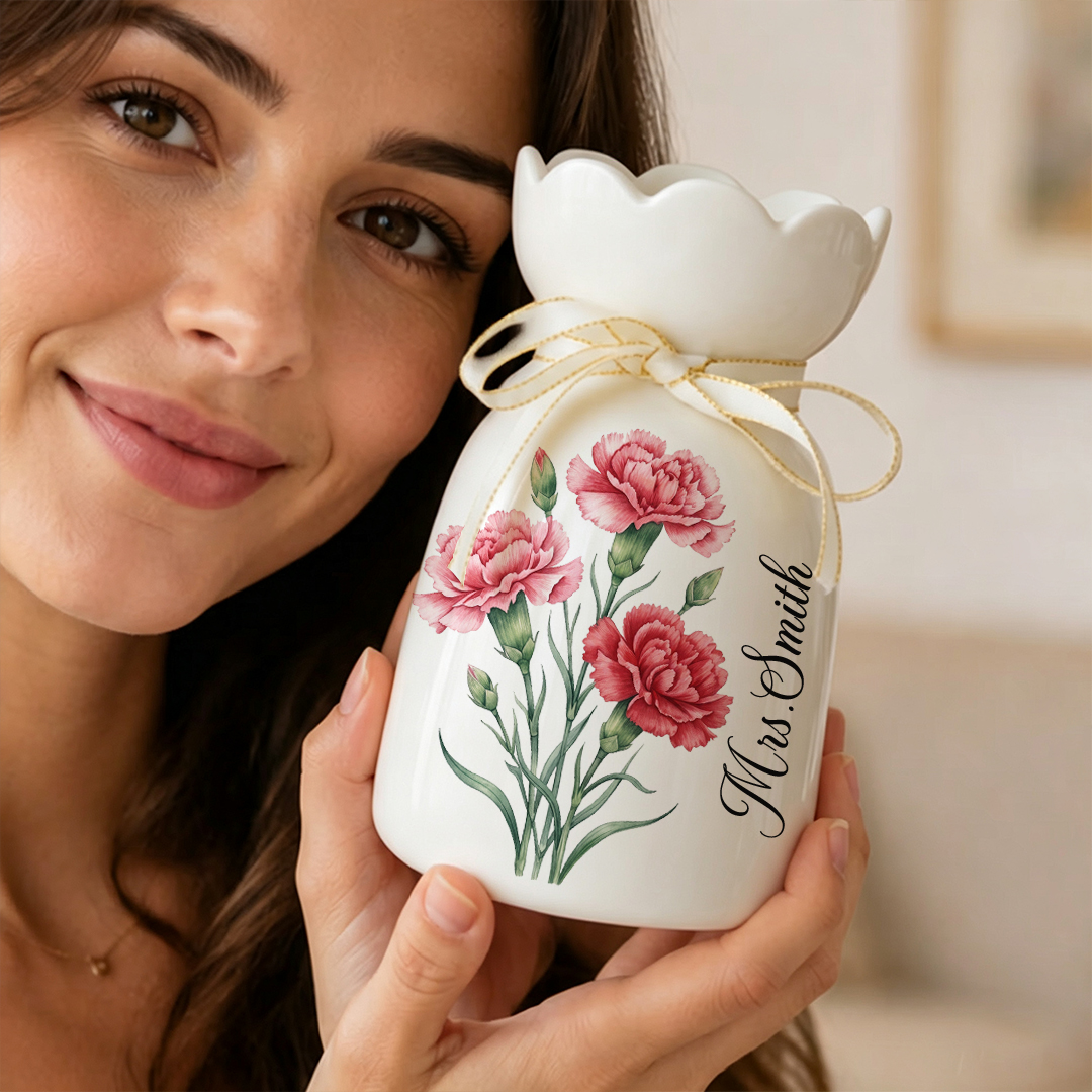 Personalized Watercolor Birth Flower Ceramic Vase with Name Back to Schol Gift for Teacher Gift for Her