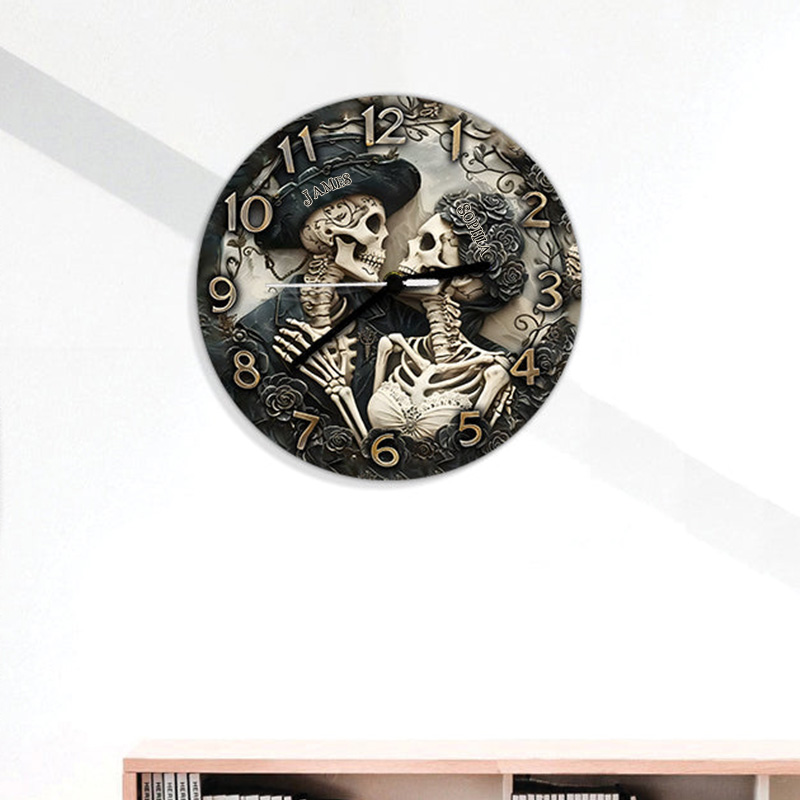 Personalized Skeleton Couple Till Death Do Us Part Wall Clock Custom Retro Gothic Graphic 3D Printed Wall Clock Anniversary Gift Valentine's Day Gift