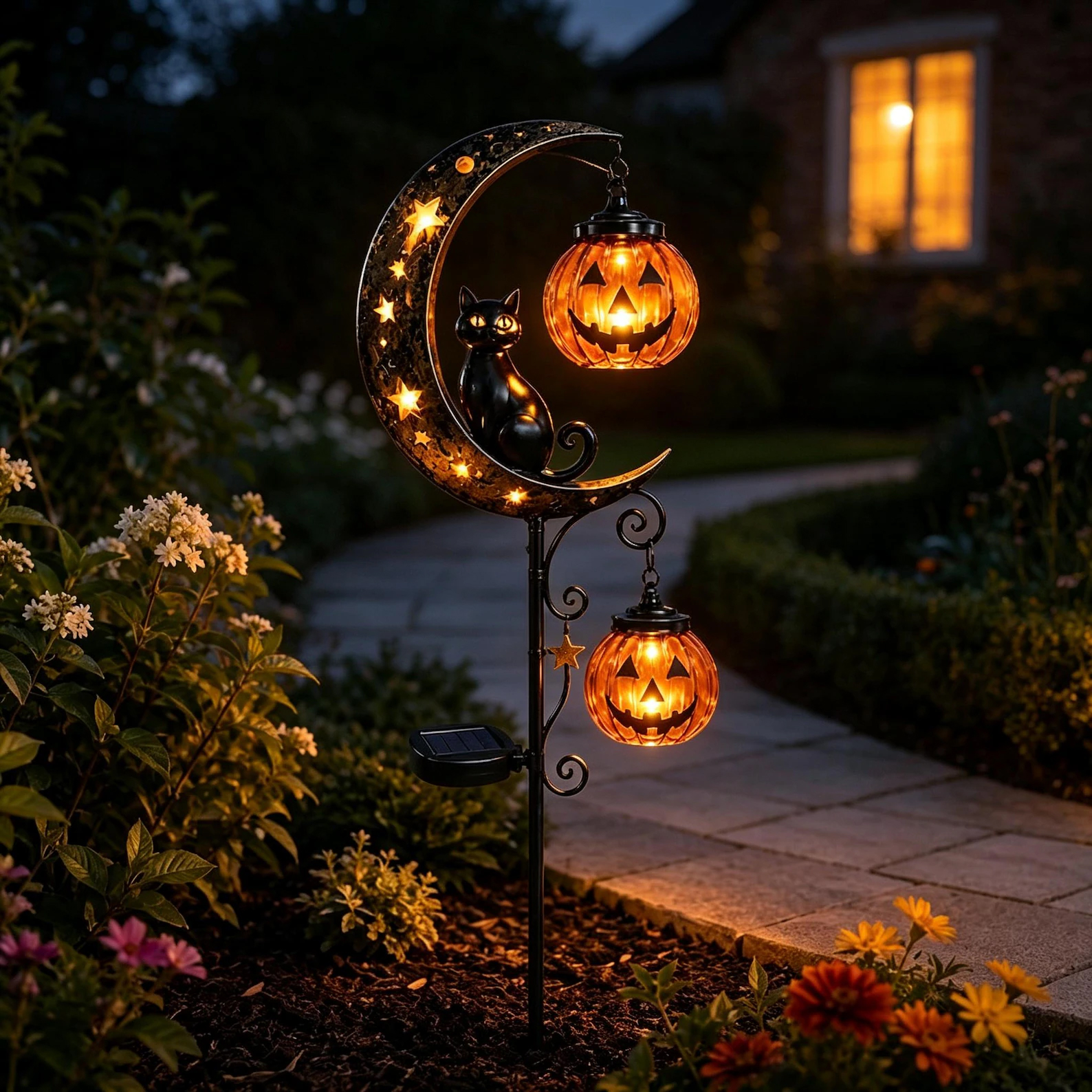 Halloween Black Cat Moon Solar Stake Light Pumpkin Lantern Outdoor Decor