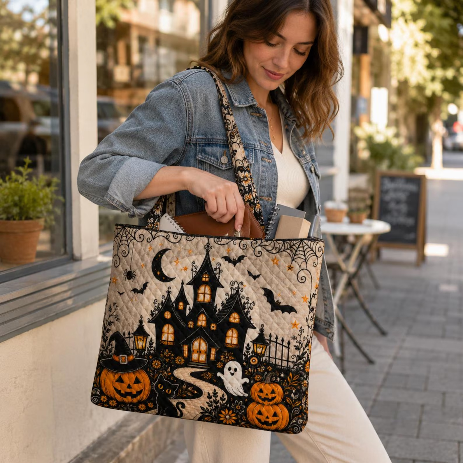 Halloween Tote Bag for Women Haunted House Quilted Tote Pumpkin Ghost Black Cat Bag Spooky Season Gift