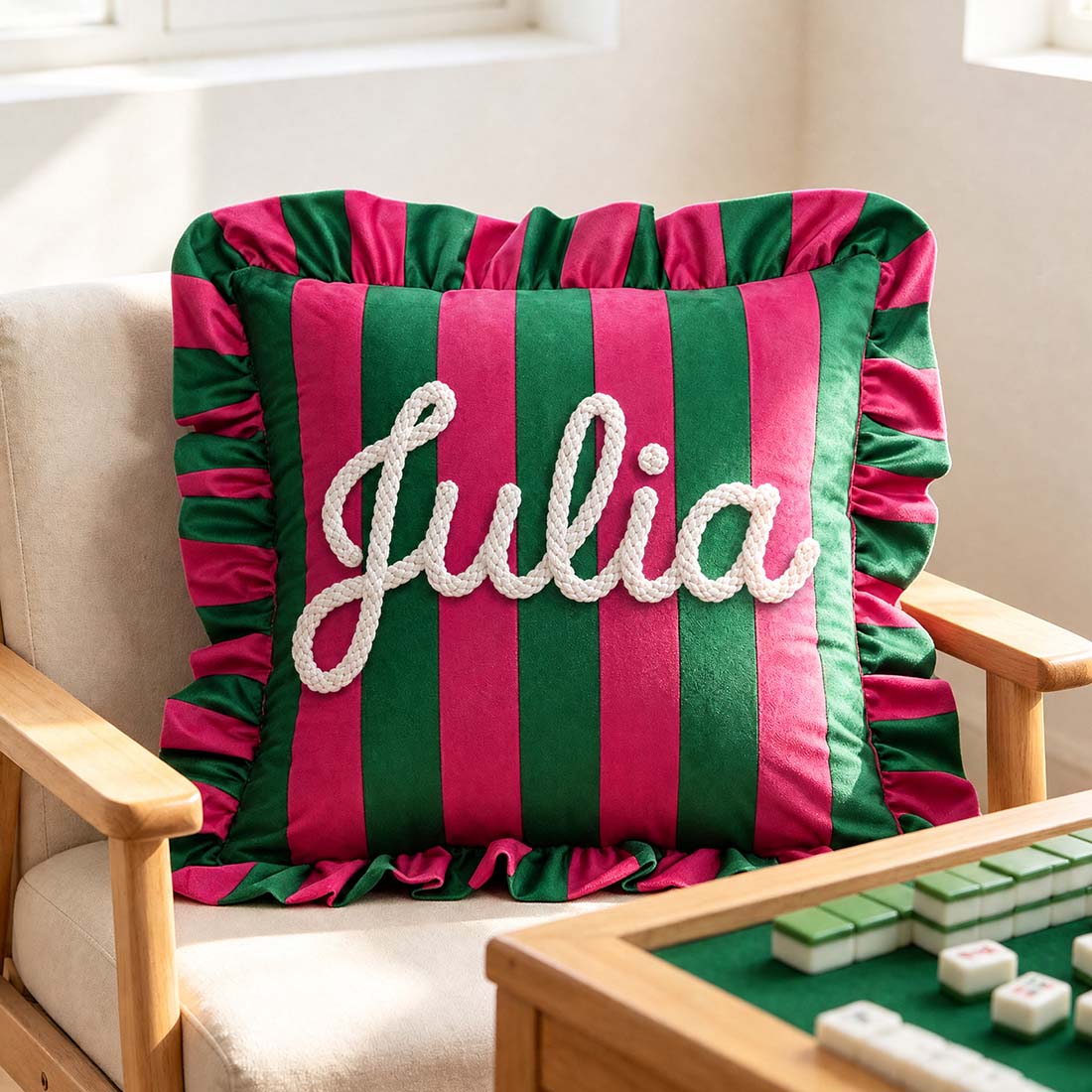 Personalized Striped Ruffled Punch Needle Throw Pillow Embroidered Name Mahjong Lovers Gift