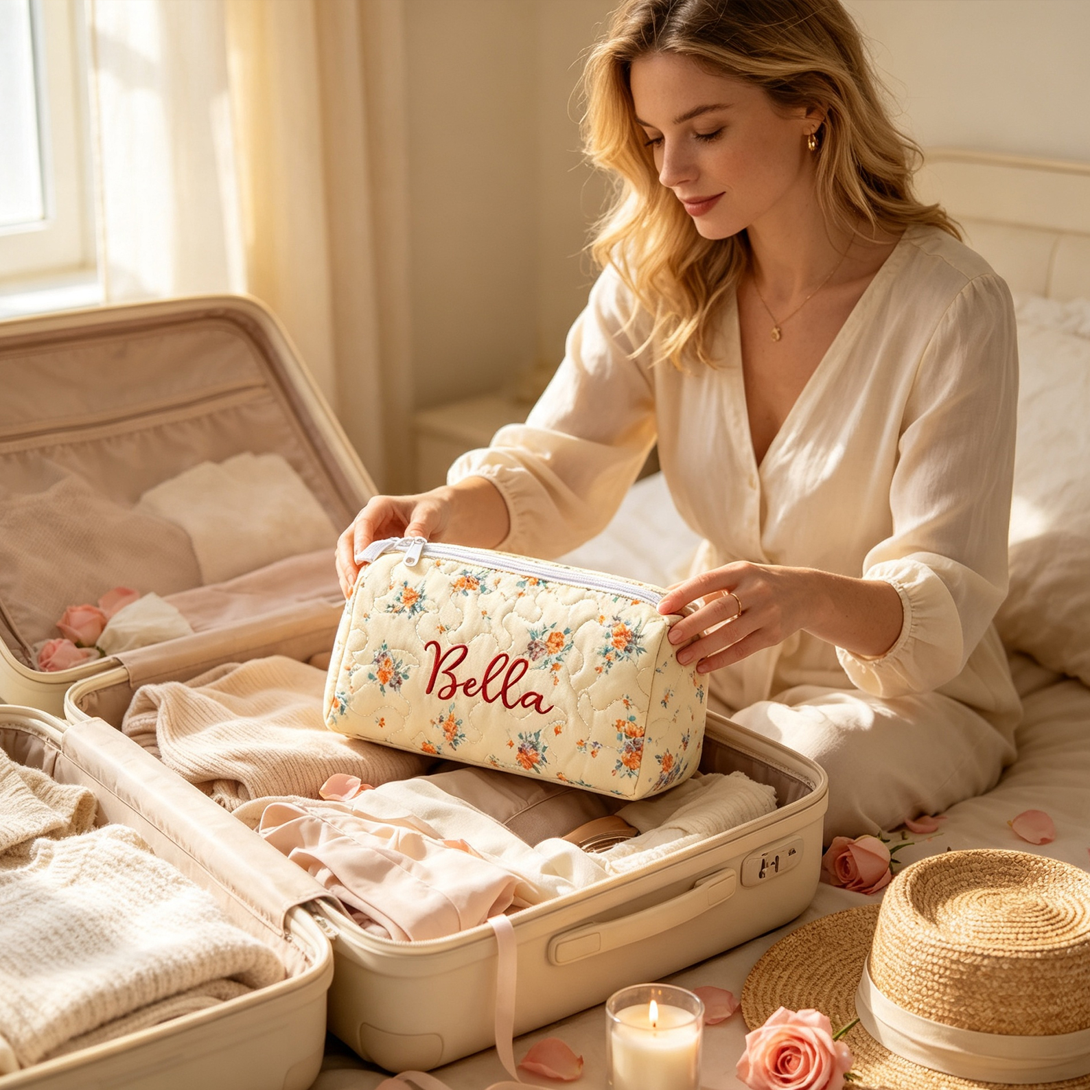 Personalized Quilted  Makeup Bag Custom Name Cosmetic Bag Quilted Toiletry Pouch Gift for Her