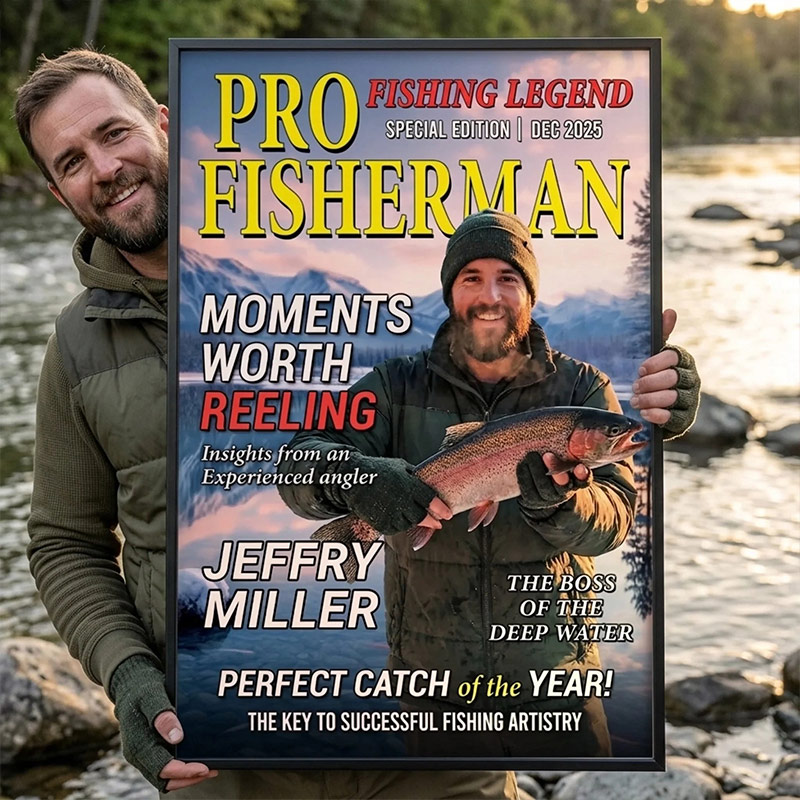Personalized Photo Magazine Vertical Poster for Dad Grandpa Custom Canvas Photo Poster Birthday Fishing Gifts For Fisherman