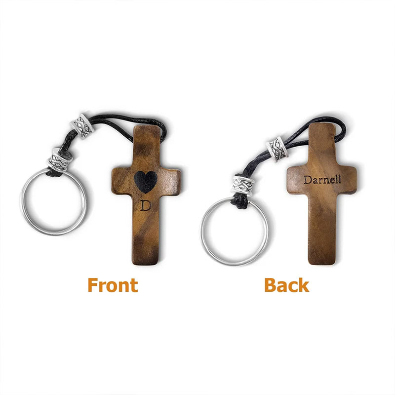 Personalized Wooden Cross Heart Keychain with Initial and Name Engraving Religious Gift Birthday Gift for Christians