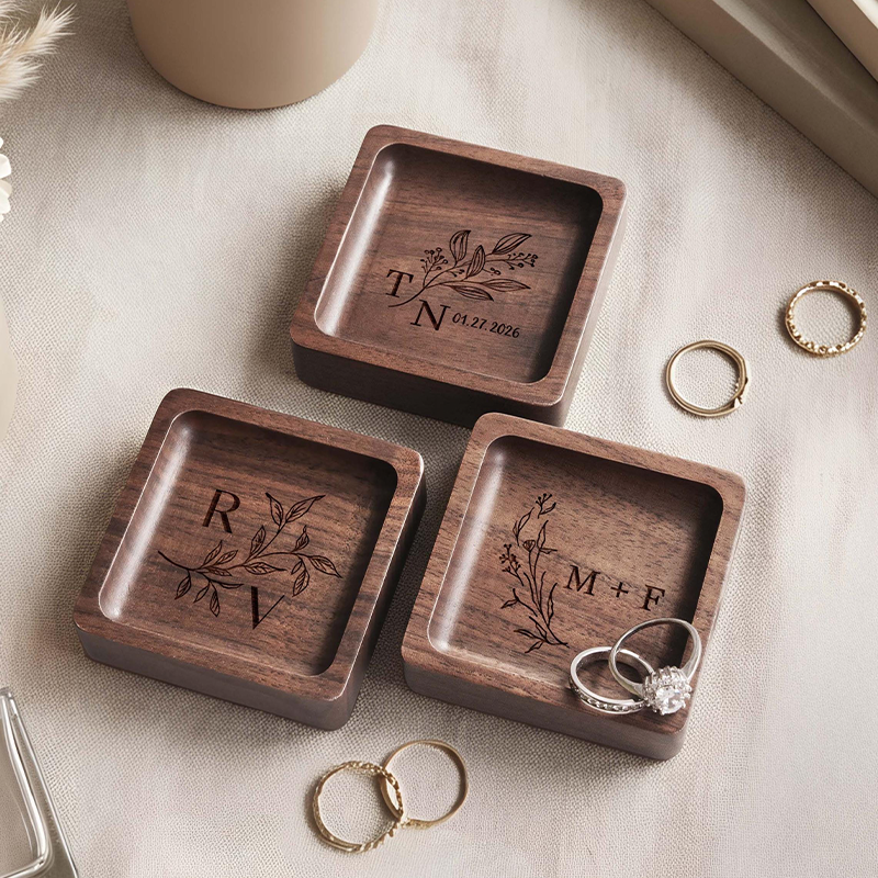 Personalized Walnut Wooden Ring Dish, Wedding Month Flower Ring Holder, Valentine’s Day Gift, Wedding, Engagement, Anniversary Gift for Her