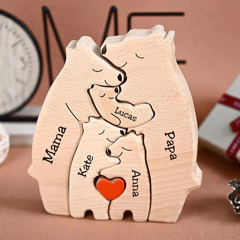 Personalized Carved Wooden Bear Family Jigsaw Puzzle, Wood Bear Figurines, Hugging Bear Family Keepsake Gift for Parents, Christmas Bear Decor