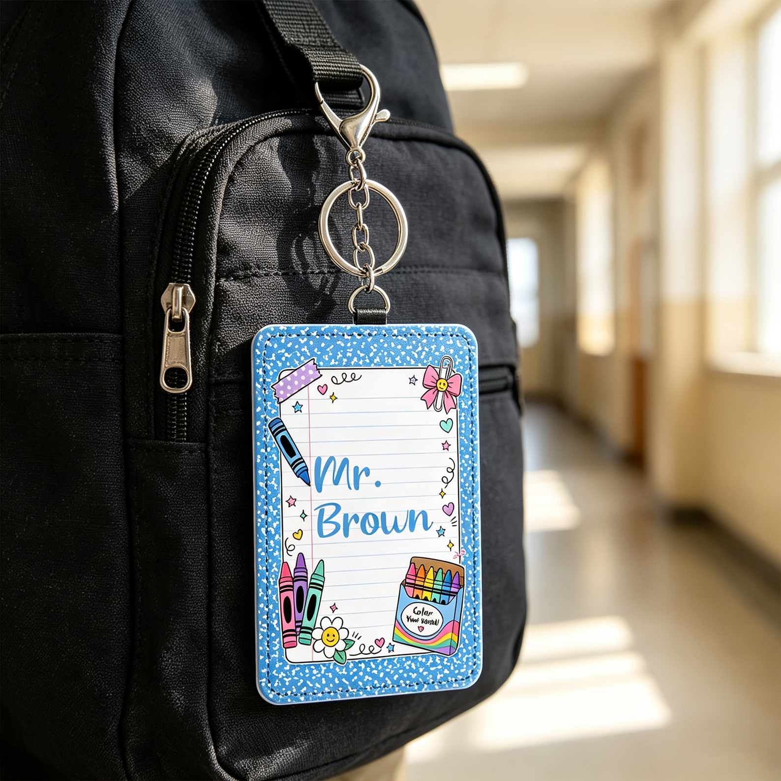 Personalized Preppy Style Doodle School Card Holder with Custom Name Daily Use Teacher's Day Back to School Gift for Teacher