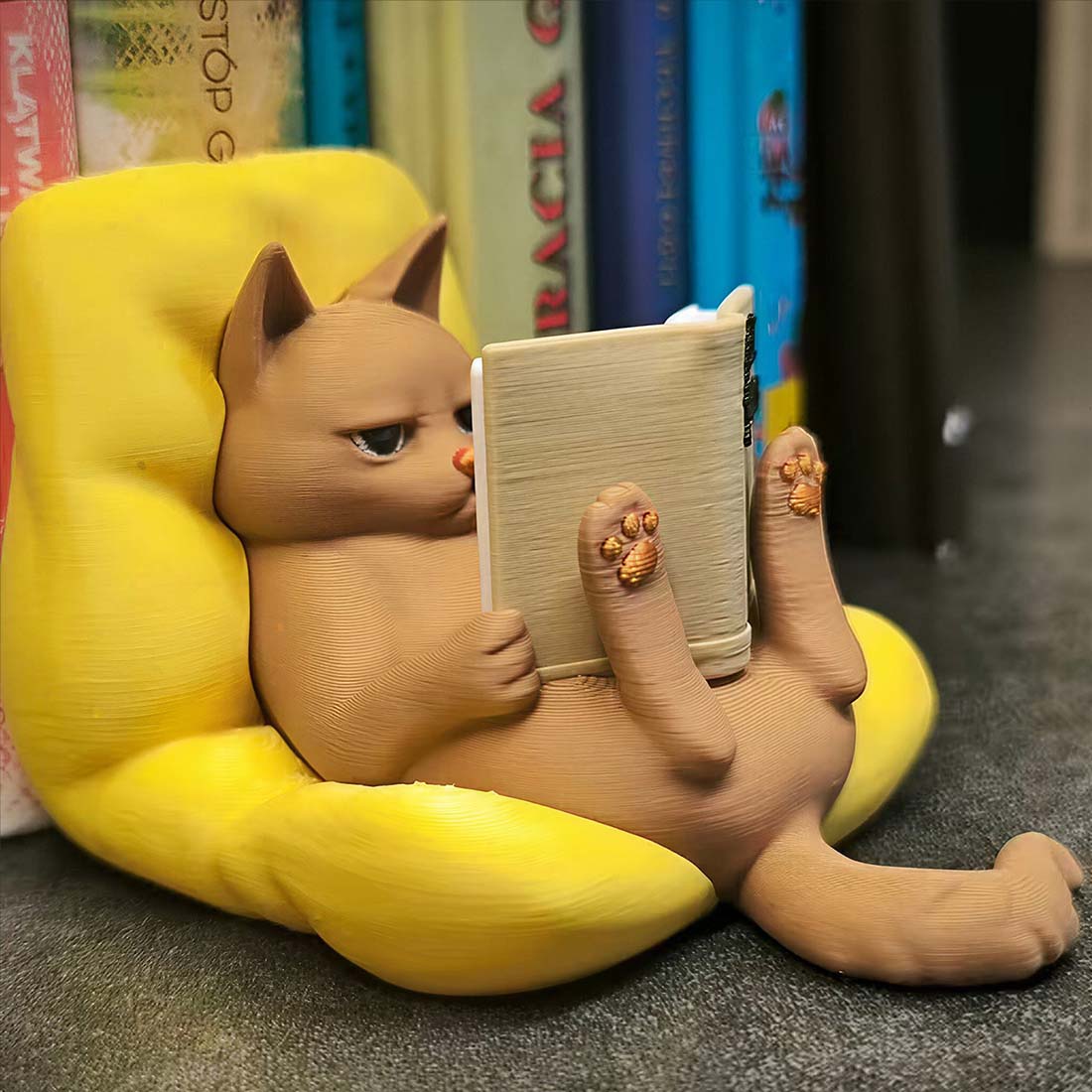 Evil Plans Reading Cat Figurine 3D Printed Grumpy Cat with Book Funny Desk Decor & Gift for Cat Lovers