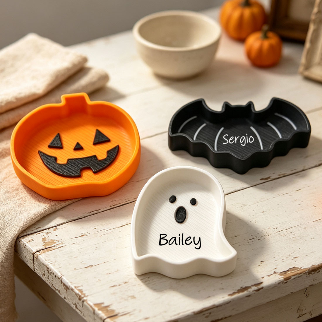 Personalized Halloween Trinket Dish 3D Printed Pumpkin Bat & Ghost Candy Tray Custom Name Spooky Season Gift