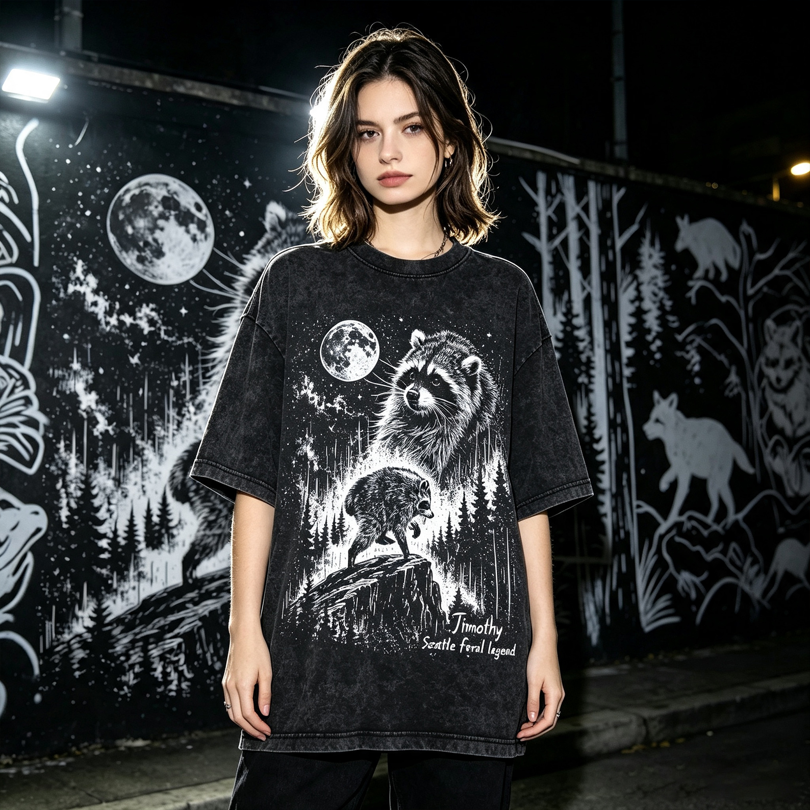 Moon Raccoon Washed T-shirt Funny Meme Shirt Gift for Animal Lover