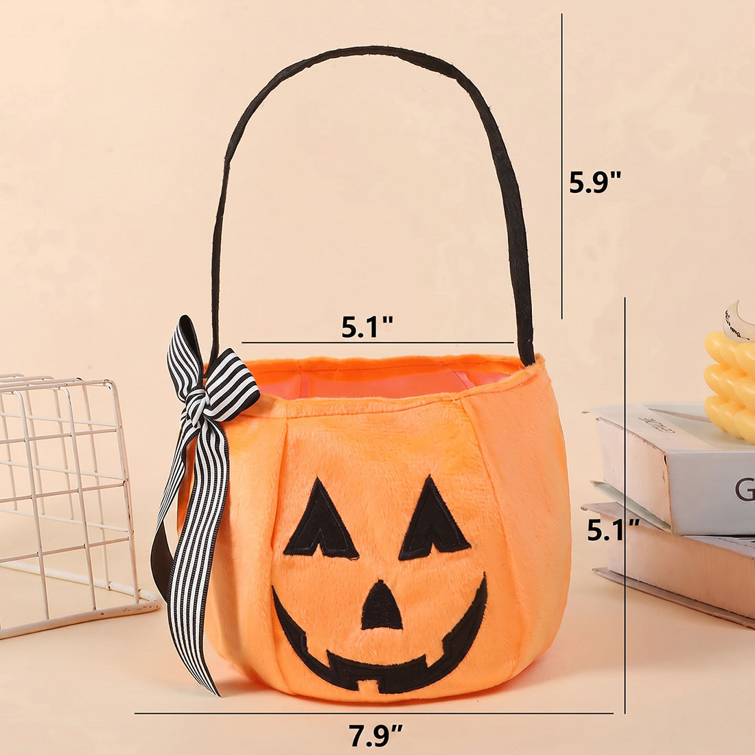 Personalized Halloween Trick-or-Treat Bag Pumpkin Face Candy Bucket with Custom Name Kids Velvet Tote in 4 Colors