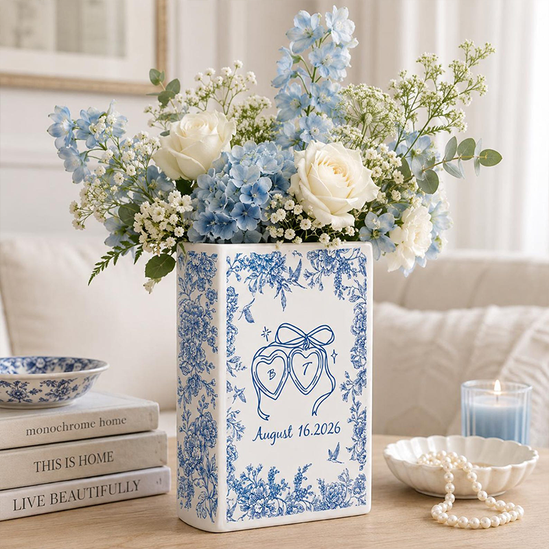 Personalized Wedding Ceramic Book Vase Toile de Jouy Vase Bridal Shower Gift Custom Wedding Vase Couple Wedding Gift Anniversary Gift