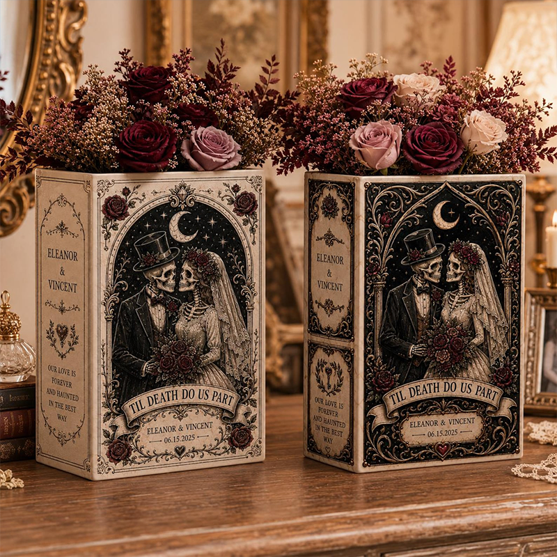 Personalized Gothic Book Vase, Custom Skeleton Bride and Groom Wedding Vase, Dark Romance Anniversary or Newlywed Gift for Couples