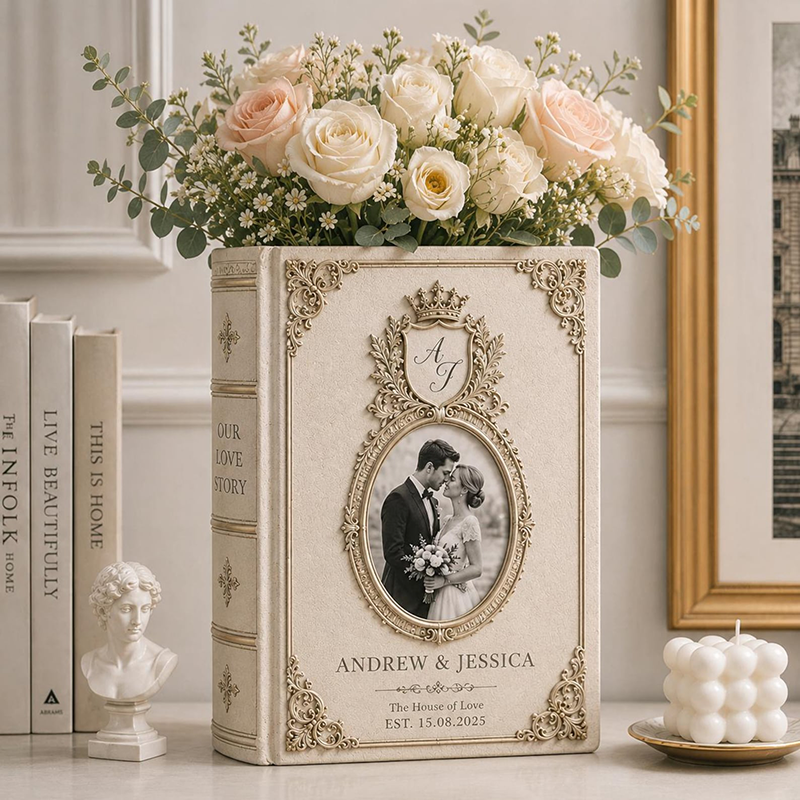 Personalized Engagement Ceramic Book Vase, Wedding Vase Gift, Custom Couple Name Book Vase,Gift for Newlyweds, Wedding Anniversary Gift for Couple
