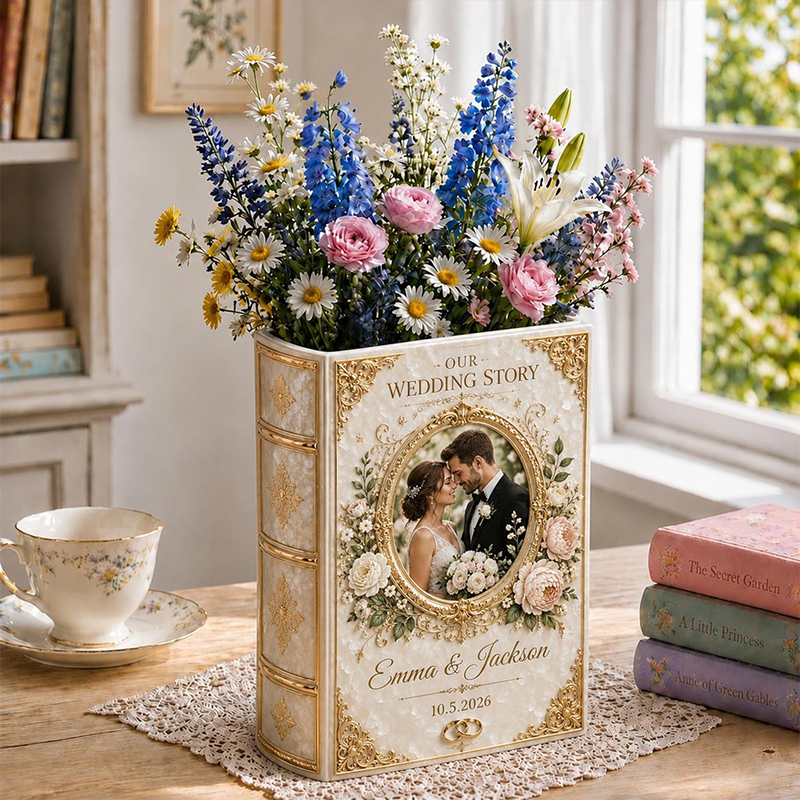 Personalized Wedding Ceramic Book Vase, Wedding Vase Gift, Custom Couple Name Book Vase,Gift for Newlyweds, Wedding Anniversary Gift for Couple