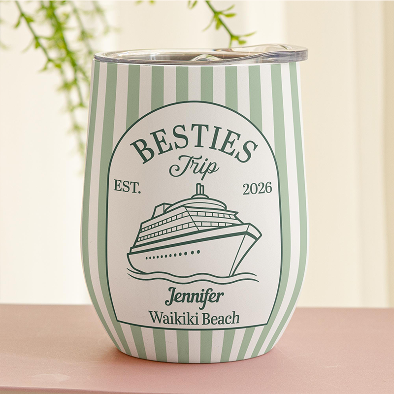 Personalized Bestie Trip 2026 Wine Tumbler, Custom Beach Vacation Cup, Matching Group Travel Gift, Summer Friends Keepsake