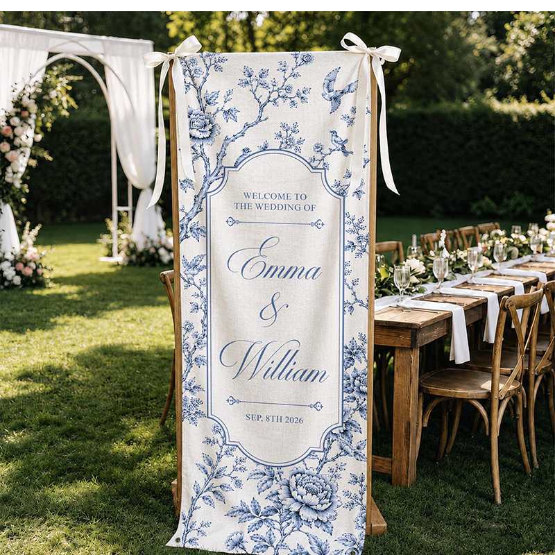 Personalized Toile De Jouy Wedding Sign, Personalized Fabric Welcome Sign, Custom Name Banner for Wedding Ceremony, Reception Decor Gift