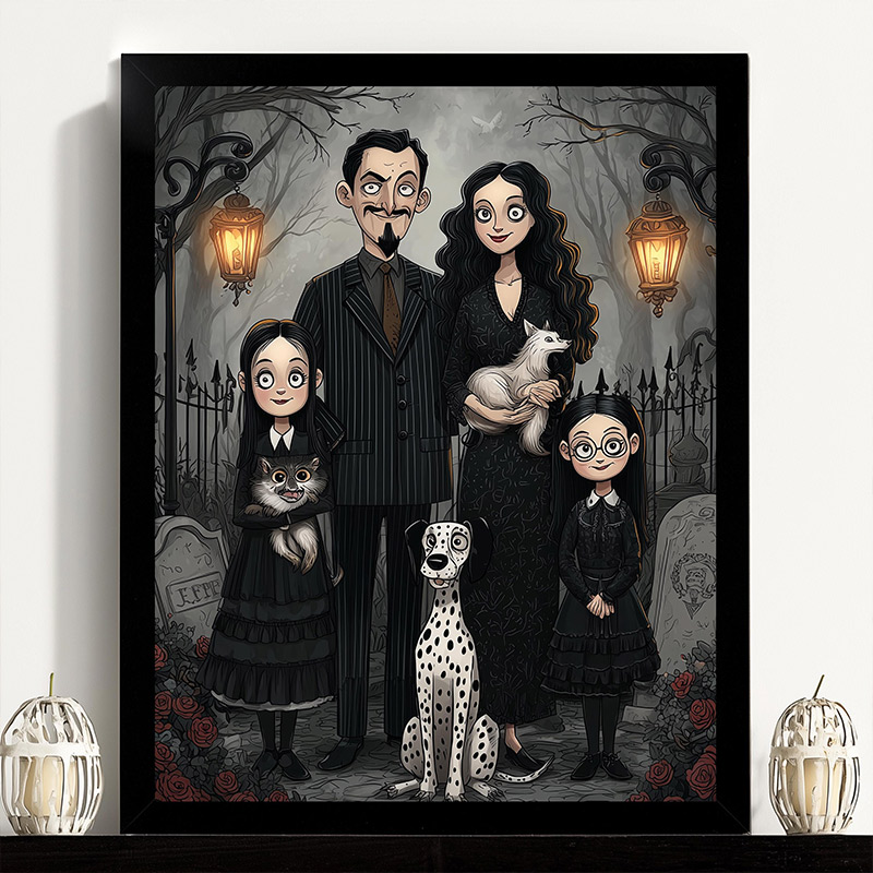 Personalized Gothic Family Portrait with Pets Custom Poster Spooky Season Halloween Wall Art Family Illustration from Your Photo