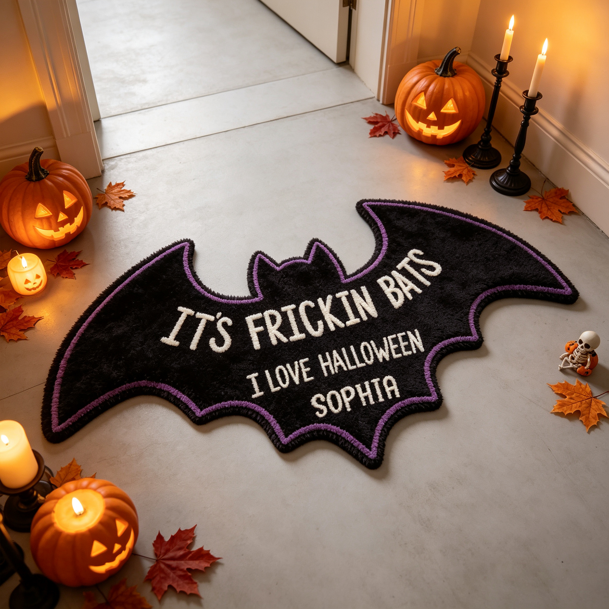 Personalized Halloween Bat Shaped Rug I Love Halloween Custom Name Gift for Halloween