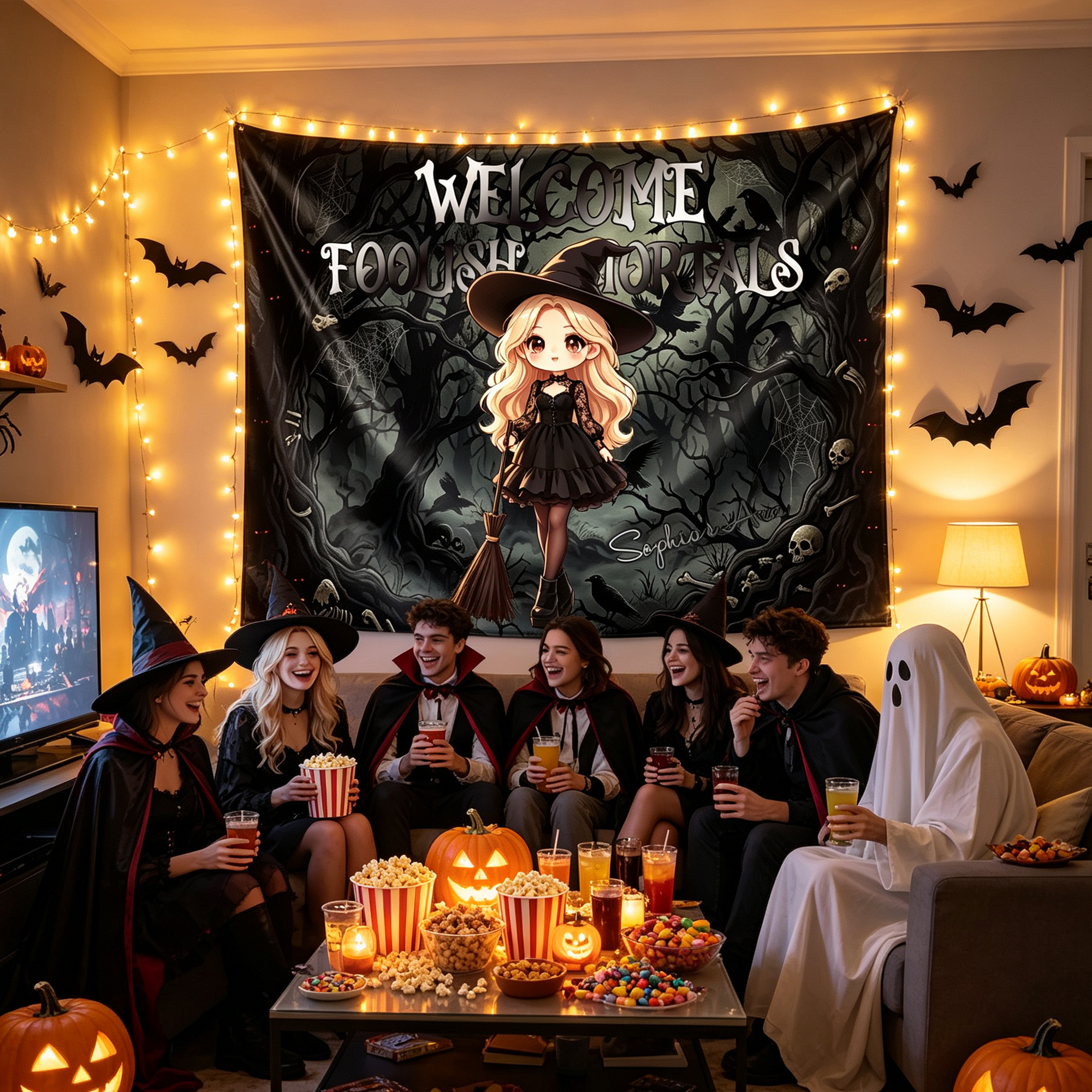 Personalized Halloween Design Tapestry with Cute Character Name Halloween Wall Decor Gift for Family