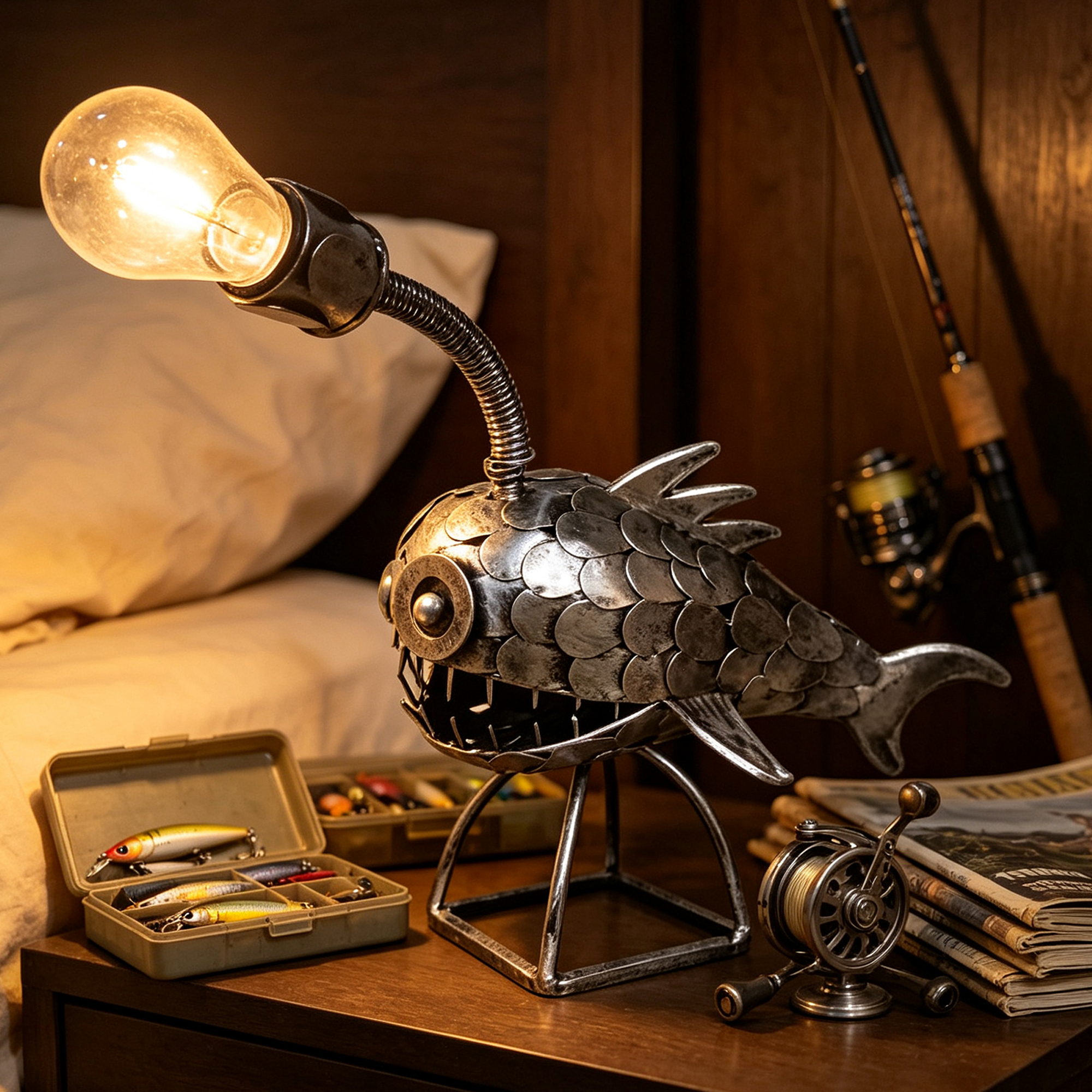 Retro Angler Fish Table Lamp Vintage Metal Work Desktop Lamp for Fishing Lovers