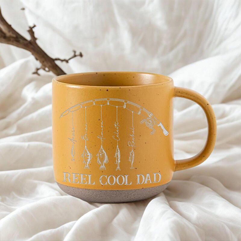 Personalized Engraved Reel Cool Dad Fishing Pottery Mug Fisher Grandpa Mug Reel Cool Papa Mug With Kids Name Fishing Lover Gift
