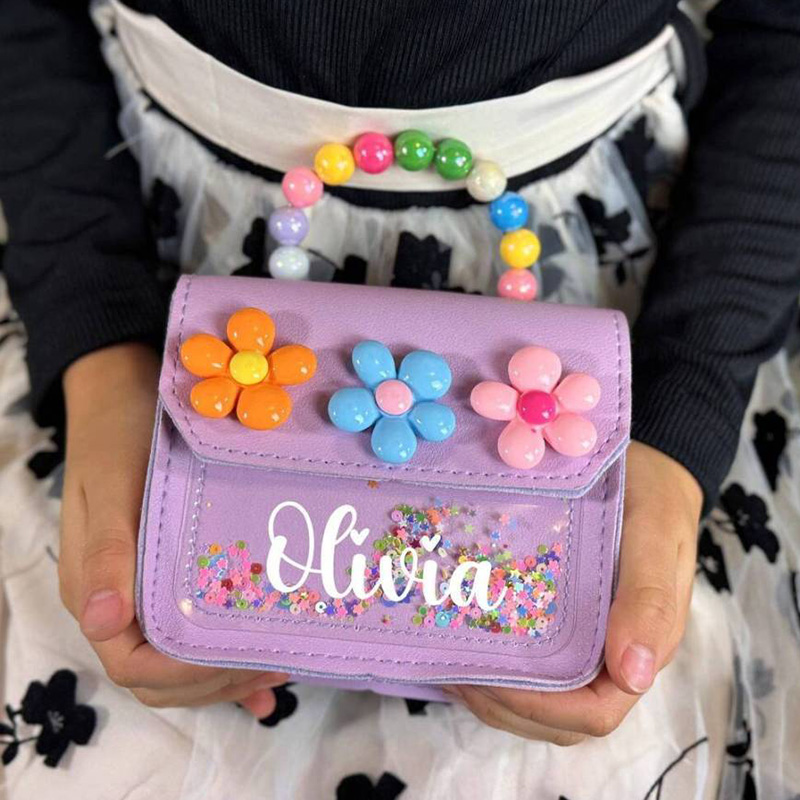 Personalized Kids Crossbody Flower Purse Custom Name Glitter Handbag Rainbow Beaded Handle Gift for Gilr
