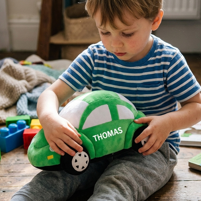 Personalized Car Plush Toy Custom Name Soft Green Vehicle Pillow Gift For Kids Toddlers Nursery Decor