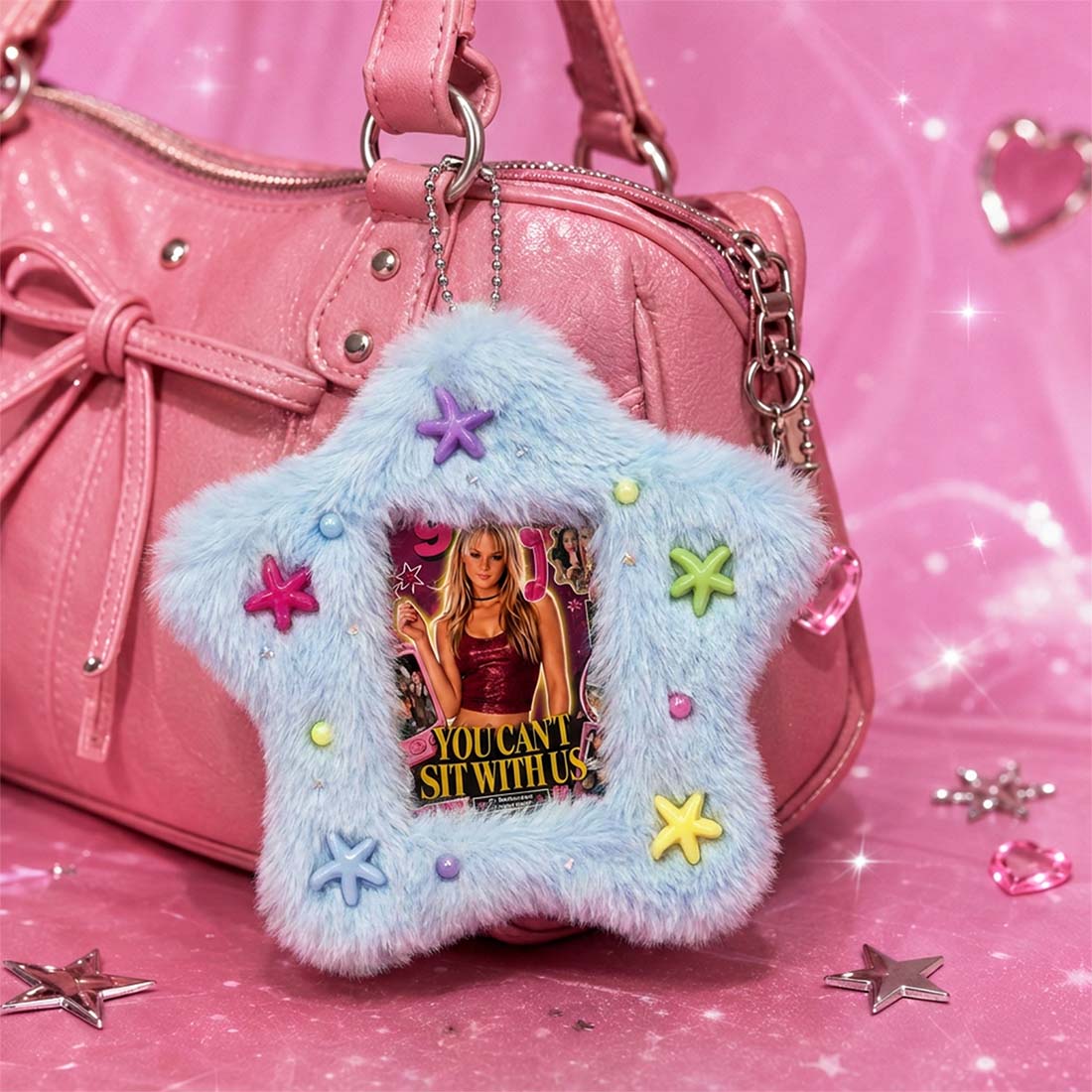 Mean Girls Fluffy Star Card Holder Keychain Y2K You Cant Sit With Us Photo Wallet Cute Bag Charm & ID Case