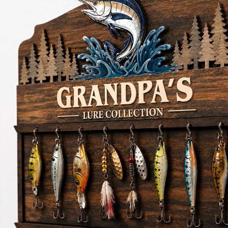 Personalized Reel Cool Dad Fishing lure Collection Holder Custom Fisherman Gift for Dad Uncle Grandpa Wooden Fishing Pole Organizer Bass Fish Wall Decor