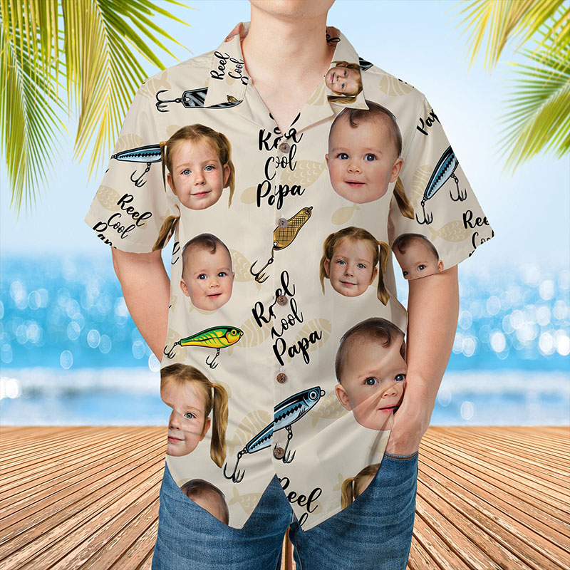 Personalized Reel Cool Papa Shirt Hawaiian Shirt With Face Custom Portrait Face Hawaiian Dad Grandpa Fishing Shirt With Kid Face Funny Papa Tee