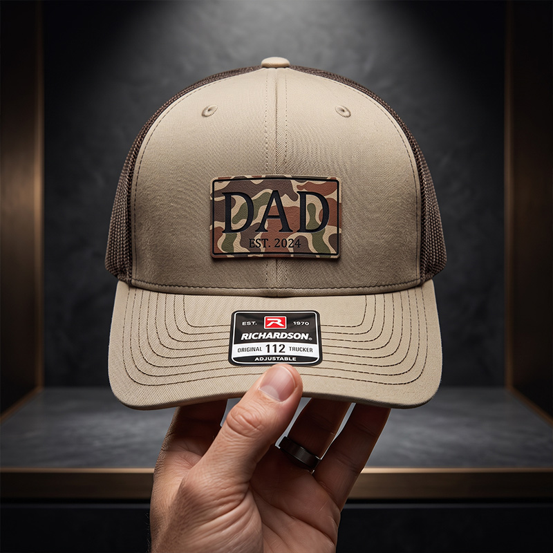Personalized Dad Trucker Hat Dad Christmas Gift New Dad Gift Custom Trucker Hat Grandpa Leatherette Patch Hat Outdoors Camo