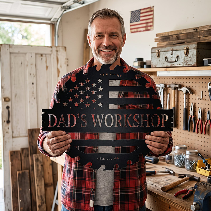 Personalized Metal Sign for Dad Custom Papa's Workshop Sign Patriotic USA Waving Flag Flag Sign Sawblade Gift for Dad Grandpa