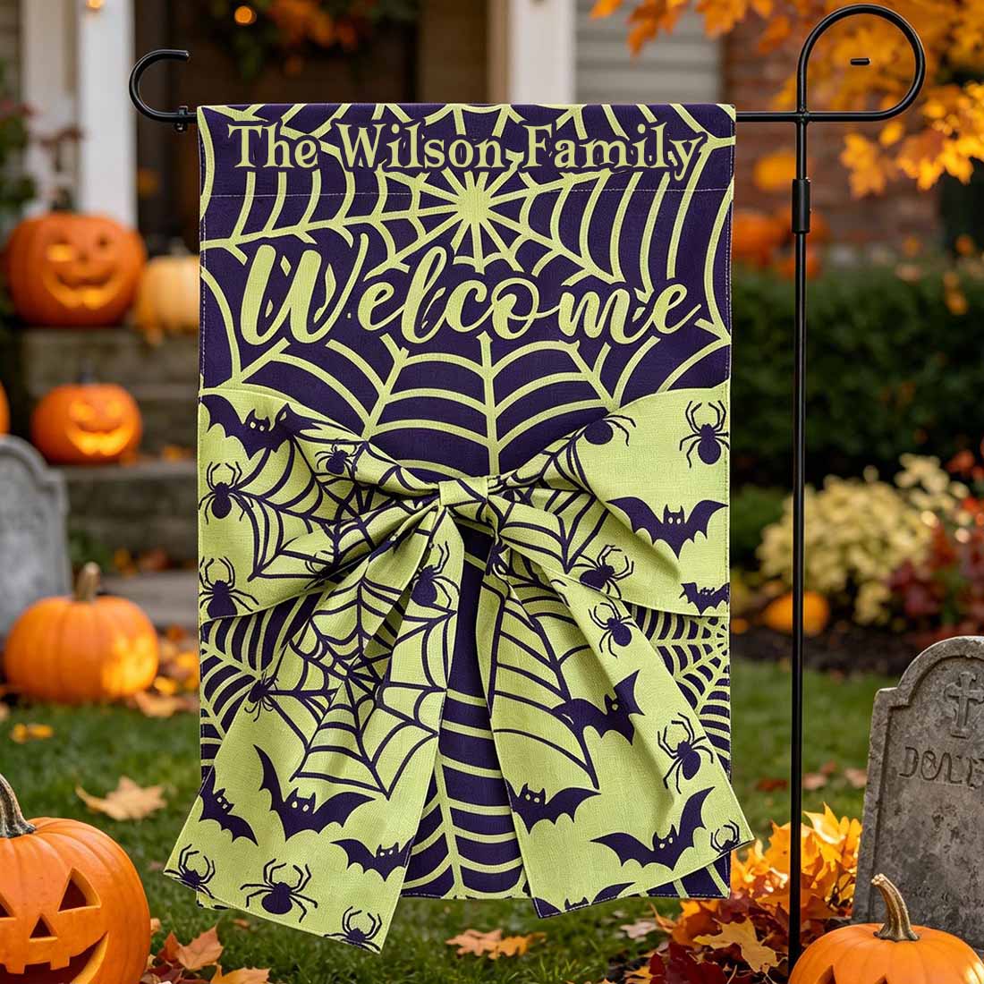 Personalized Halloween Garden Flag Spider Web & Bat Design with Custom Family Name Welcome Yard Decor with 3d Bow