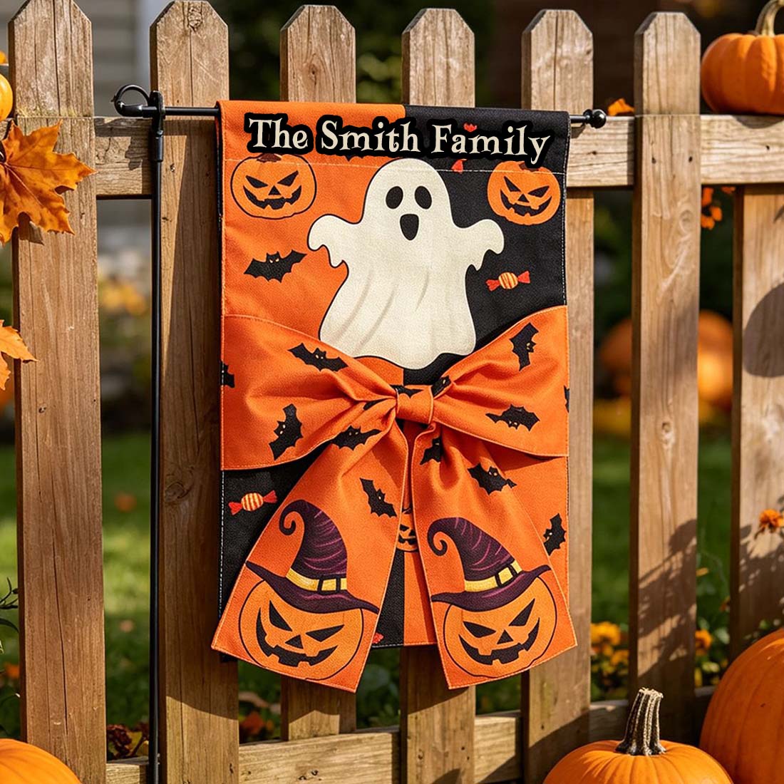 Personalized Halloween Ghost Garden Flag Custom Family Name with Pumpkins Bats & 3D Bow Festive Yard Decor