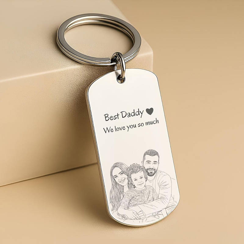 Personalized Photo Keychain Custom Engraved Sketch Keyring for Dad Memorial Stainless Steel Keepsake Birthday Gift for Him