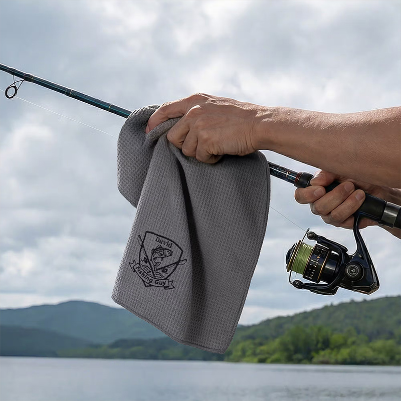 Personalized Dad Fishing Waffle Towel Monogram Embroidery Waffle Towel with Name and Hanging Clip Birthday Gift for Dad Grandpa Fishing Enthusiasts