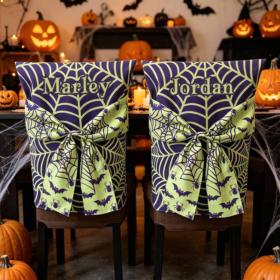Personalized Halloween Spider Web Chair Cover Orange & Black Bat Design with Custom Name & 3D Bow Dining Party Decor