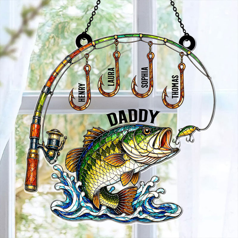 Personalized Fishing Daddy Acrylic Suncatcher with Kids Names Custom Fishing Lover Gift for Dad Grandpa