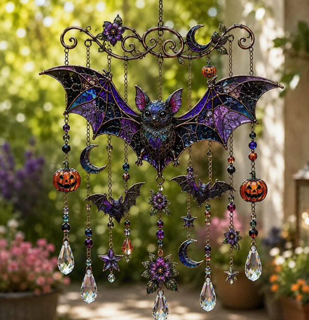 Halloween Witch Hat Suncatcher Wind Chime, Stained Glass Style Window Decor, Gothic Porch Hanging Gift for Witchy Fall Party Homes