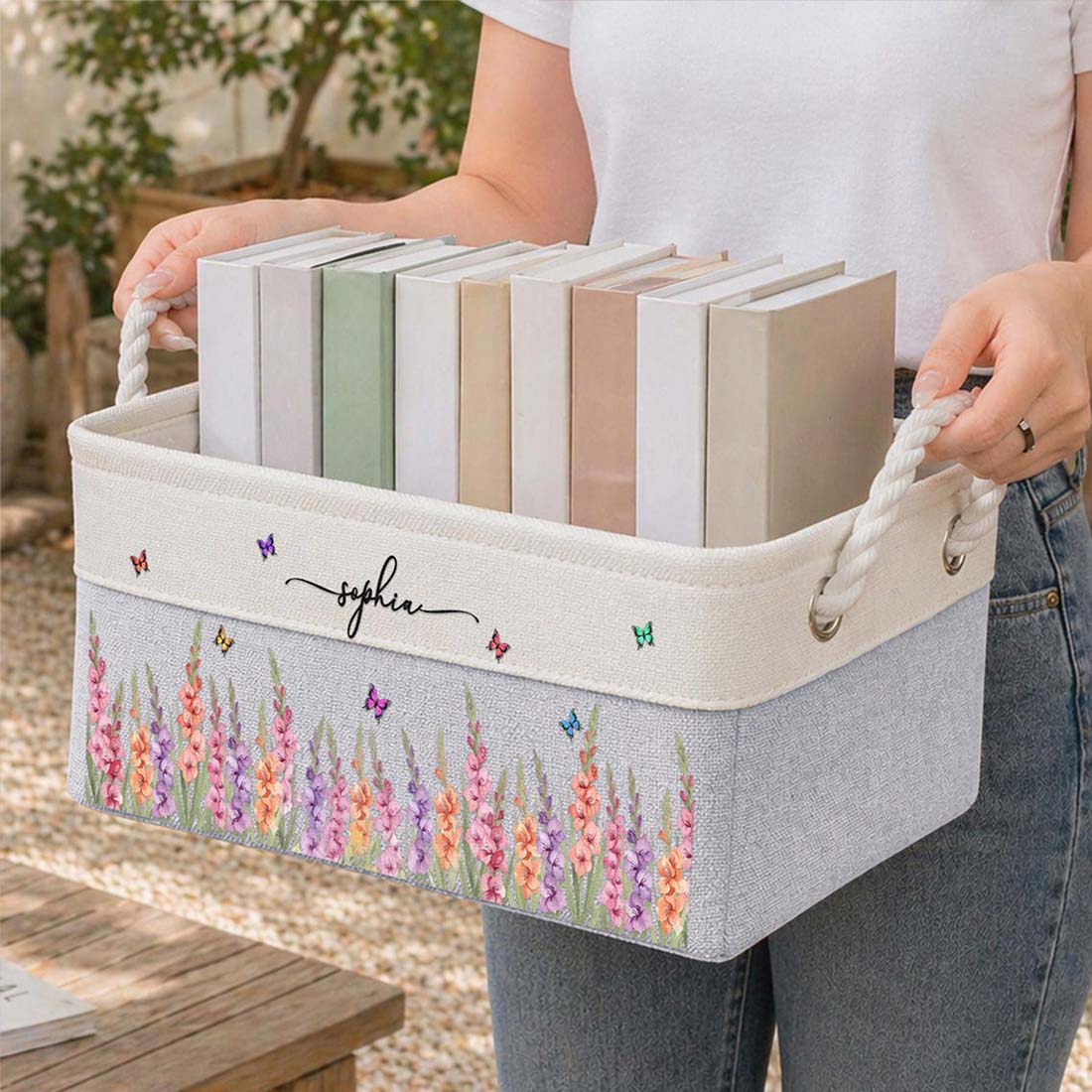 Personalized Birth Month Flower Book Basket Custom Birth Flower & Name Storage Basket For Her Wife Daughter Coworker Book Lover Gift