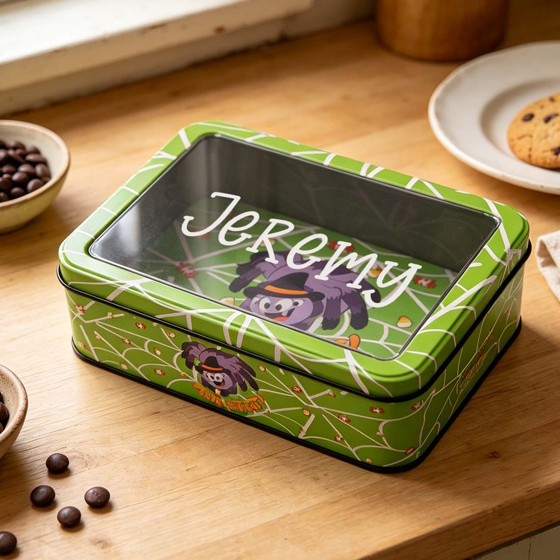 Personalized Halloween Candy Tin Box Custom Name Cookie & Treat Container with Window Lid Spooky Gift Box for Kids